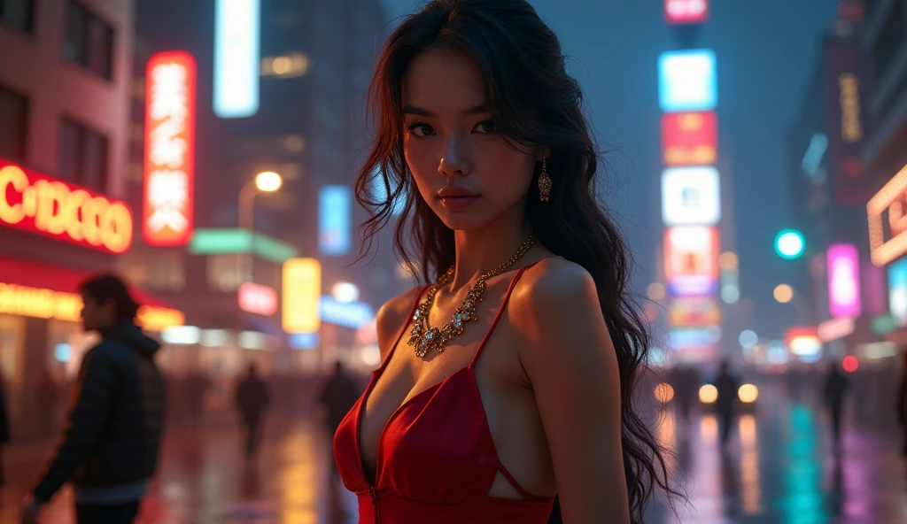 highest quality、8k Masterpiece、超A high resolution、(Photorealistic:1.3)、RAW Photos、1 girl、Long black hair、Glowing Skin、1. Super-beautiful Cyberpunk Soldiers、((Ultra-Realistic Details))、Portrait、Global Illumination、Shadow、Octane Rendering、8k、Super sharp、Beautiful breastetal、Cold colors、、Very intricate details、Realistic Light、CGSoation Trend、Beautiful Eyes、Shining Eyes、To the camera、Neon Details、20age、Too beautiful face、Intelligence、Obscene、Sexy、Moe、LOL、Red beautiful sexy long dress、whole body、Healthy Body、The background is the red-light district at night、love、short hair、I can see her thighs、Charm