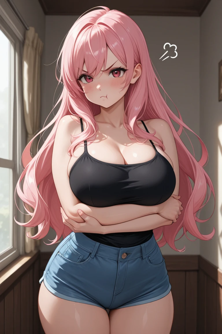 ((best quality)), ((masterpiece)), (detailed), 1girl, huge round boobs, long pink hair, green eyes, smiling, sidesweep bangs, long hair, beautiful legs, beautiful waist, using tank top, small jeans shorts, big cleavage