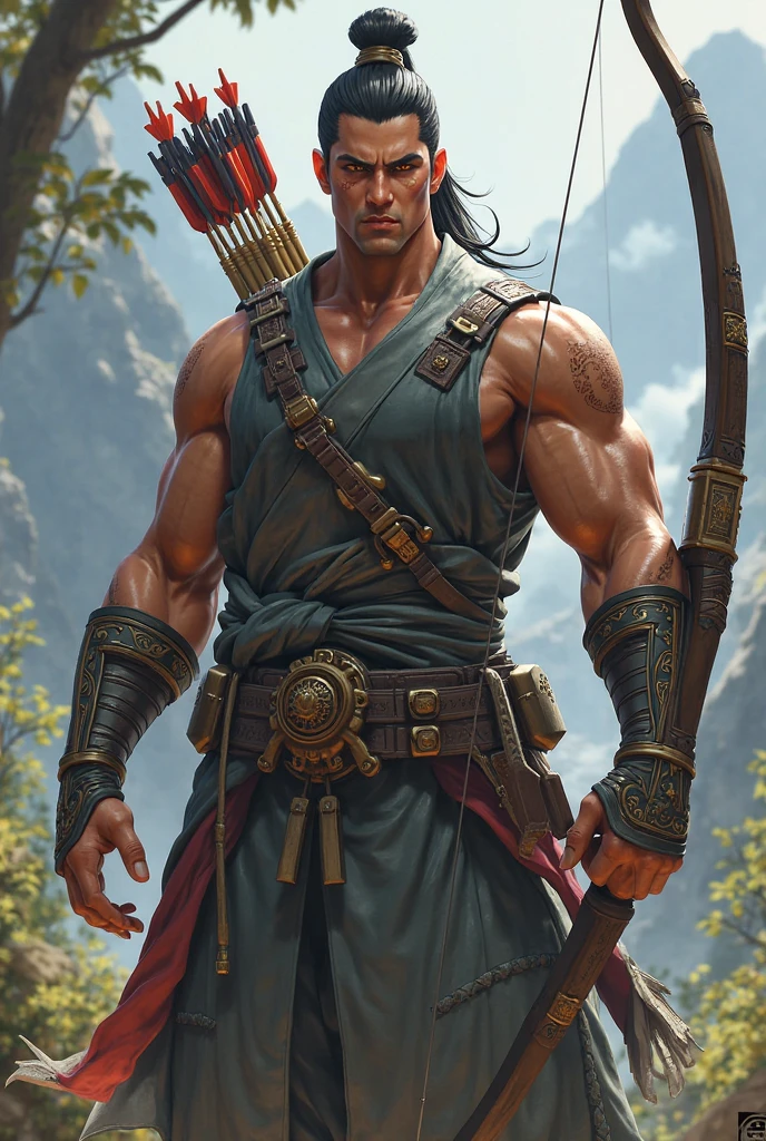 masterpiece, high quality, best quality, beautiful, HD, Practical, Perfect lighting, Delicate face, Detailed body, 1 名Bow and Arrow手男子, Solitary, Black Hair, Green Eyes, long black beard, brown and worn leather clothing Gladiator style: 1.4), Leather Breastplate, Bow and Arrow, War Battle Background, Gladiator style, Muscle Man, strong, Angry expression,