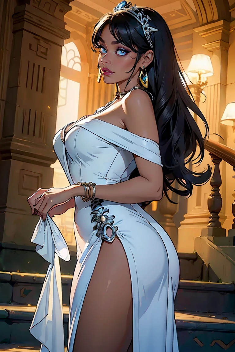 walking in a moonlit courtyard, exotic girl, indian, looking at the viewer, shining skin, perfect lighting, the embodiment of grace and elegance, (saree and bra), (Big Tits:1.5), cleavage, clear curvy details, beautiful curves, detailed eyes, detailed pupil, volumetric lighting, Ultra Detailed, unity 8k wallpaper, ultra detailed, aesthetic, masterpiece, best quality, photorealistic