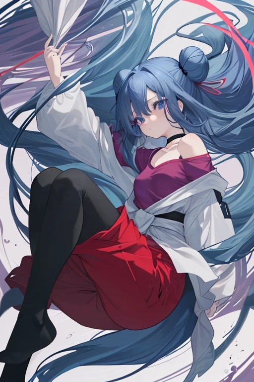 masterpiece, best quality, <lora:reiXL_ANI31_lokr_V4312:0.95> 1girl, long hair, solo, hair bow, pants, bow, fujiwara no mokou, barefoot, red pants, looking at viewer, open mouth, red bow, orange eyes, bare shoulders, shirt, very long hair, grey hair, breasts, white shirt, blue hair, red background, orange background, red eyes, knee up, sitting, bare arms, foot out of frame, arm up