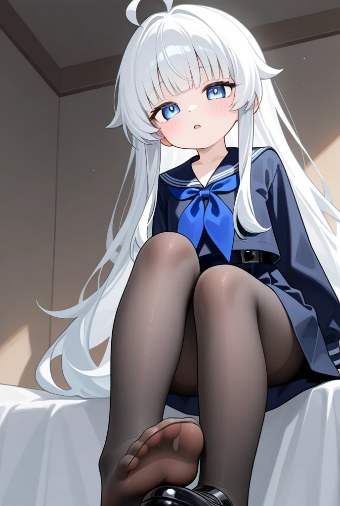 (Masterpiece:1.2, Best quality), (fine detailed beautiful eyes: 1.2), (Extremely detailed Cg Unity 8K wallpaper, Masterpiece, Best quality, Ultra-detailed, Best shadow), (Detailed background), (Beautiful detailed face, Beautiful detailed eyes), (Best illumination, An extremely delicate and beautiful), beautiful detailed glow, 1girll, Solo, Purple eyes, White hair, long whitr hair, (White school uniform), ((dark blue coat)), sit on a bed, Bed, hugging own legs, Blush