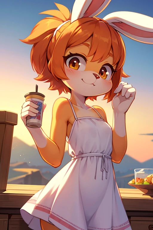 (a small male furry humanoid fennec fox boy with light brown hair and yellow fur), wearing a red cocktail dress, happy, blush, tamachira, dynamic angle