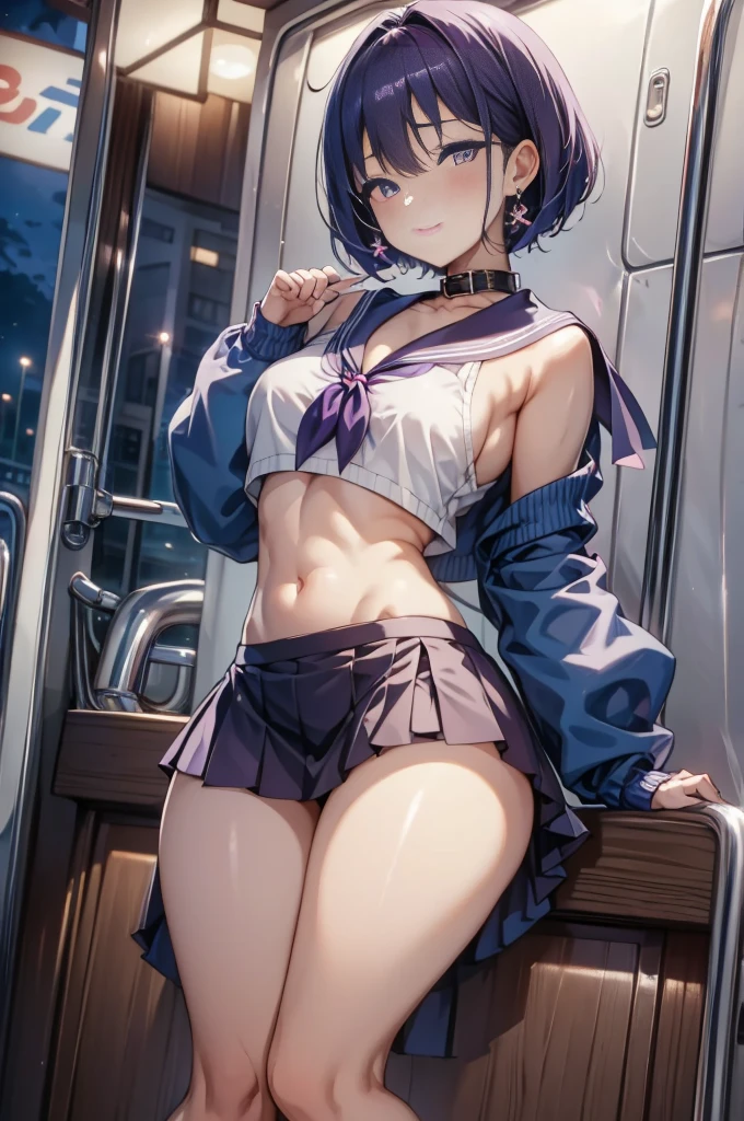 Perfect human body，1 girl， (Exposed publicly，On the bus), 鎖骨，Sleeveless sailor suit，Low-rise miniskirt，reveal flat belly，semi transparent，(White stockings)，((woman with fever)),  Colossal titpression of color)), (Blushlush:1.2),