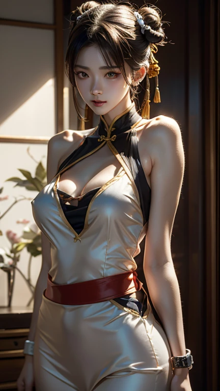 (masterpiece:1.3), (Realistic:1.37), Cinema Lighting, Highest quality, High resolution, Super detailed, (Fashion Model, 22 years old), (Light and dark makeup [[Pink lipstick]], eyeliner:1.3), ((Displaying the viewer)), (Big ample breasts:1.22), (Tight waist:1.3), Moderate ASS, Beautiful cheekbones, (Slim Belly: 1.3), (Very slim, Muscular body:1.2), ((Very detailed顔)), ((Very fine eye)), Attention to detail, double eyelid, Wear off-the-shoulder tops, Full Body Lesbian, ((Light Black Medium (Side Sweep Bungalow Highly Detailed)), ( ((Brown eyes)) ), 16K, 超High resolution, Very detailed, Volumetric lighting, Very thin, thinウエスト, thin, ((Big cut: 1.17)), ((Spectacular bodysuit with extremely elaborate design:1.4)), ((Highest qualityの素材, Great cut, Excellent craftsmanship)), (Rich with decorative embroidery:1.43), (White Epic Race:1.43), ((Silk skirt, (Small skirt:1.21), no_panties, Curvy)), (((Short skirt, Wrap around your waist))), ((Dynamic pose)), walking, running