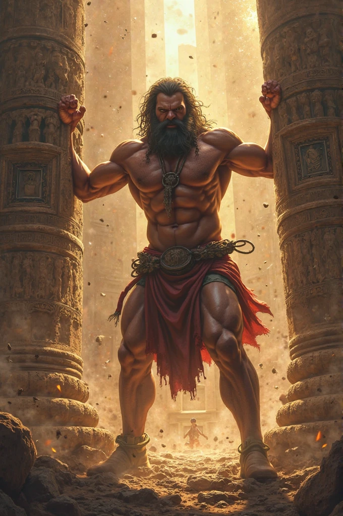 Muscular Samson with wrist chains on temple pillars with eye band, laine color p & b esboço