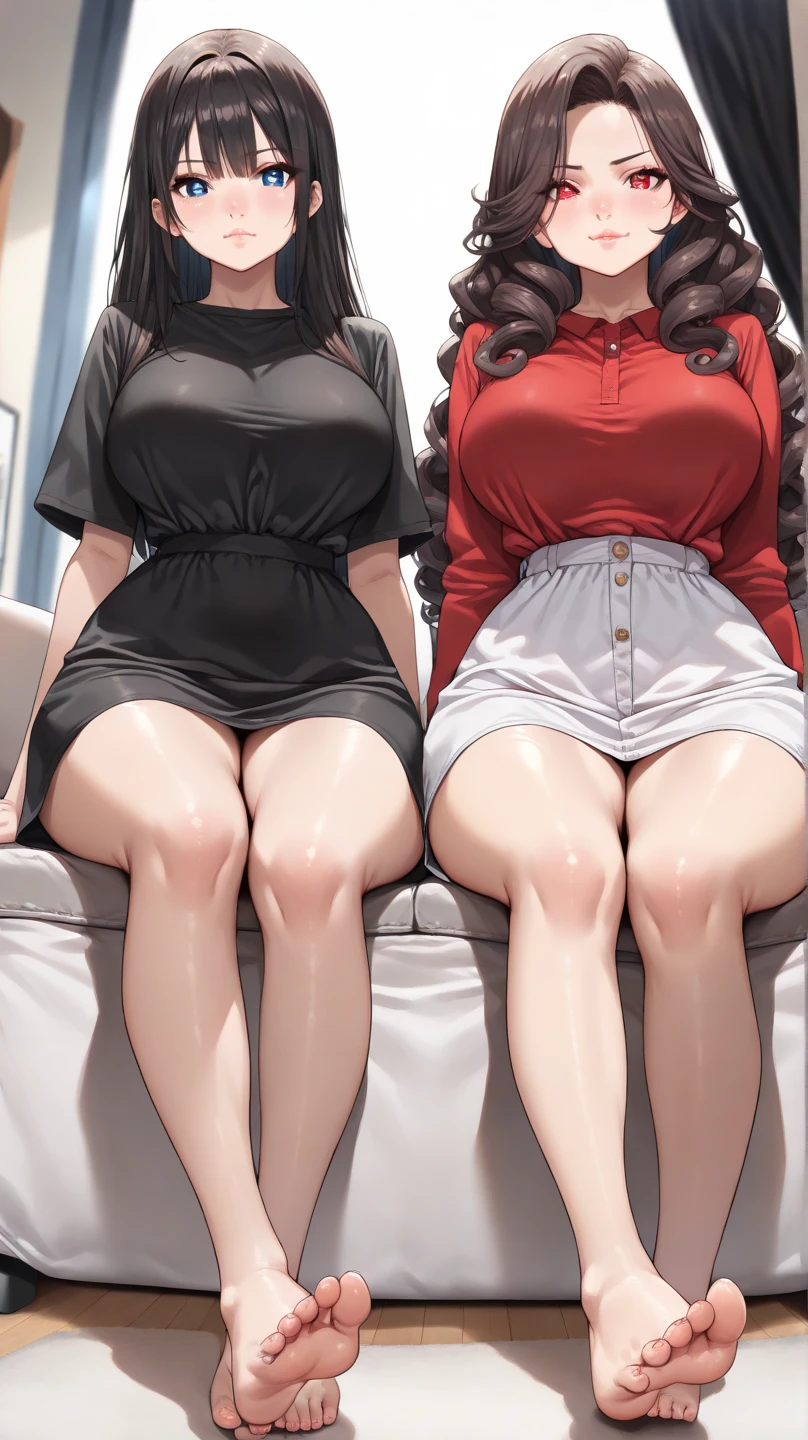 four sexy women in casual outfits, flirtatious smiles, on bed, various hair, portrait