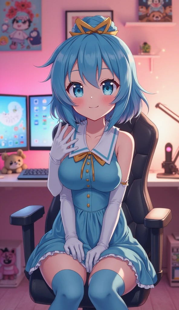 (Xenovia_Quarta, high school dxd, short hair, multicolored hair, blue hair, green streak hair, (breasts, medium size breasts), cleavage, eyes, yellow eyes, thurime, beautiful face, 18 years old, nice hands, perfect hands, (sitting in a chair, smilling) (outfit: naked hoodie, blue hoodie, open hoodie) (background: office room, desk, computer, monitor, keyboard, office chair, window, starry night, moon, night time) (((masterpiece, high quality, best illustration, high resolution, 1girl, solo)))