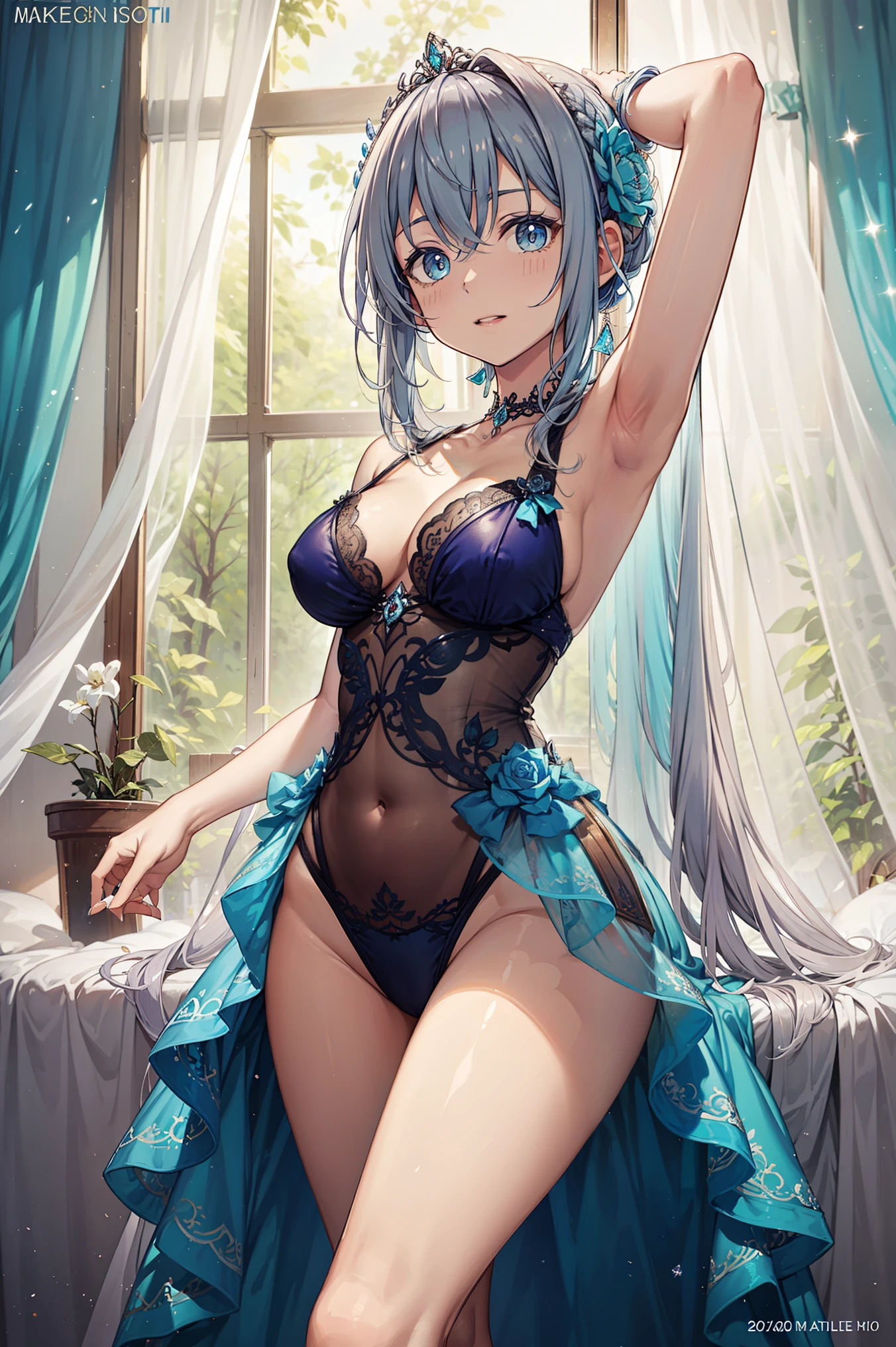 top-quality、supreme1People Girls,hightquality,, ((masuter piece)), ((High resolution)), ((Best Quality)), NSFW、detail, (Excited face.Very happy,), ((Skin shiny with sweat)), (negligee:1.1)、 girl with, Blue-haired, (Short Bob、Straight、Bangs Patsun)、Spans the top:1.5、fair white skin:1.3、、Colossal tits, cinmatic lighting, perfectly shaded,(((Bedroom at night:1.3、a bed))), Realistic lighting with shades,