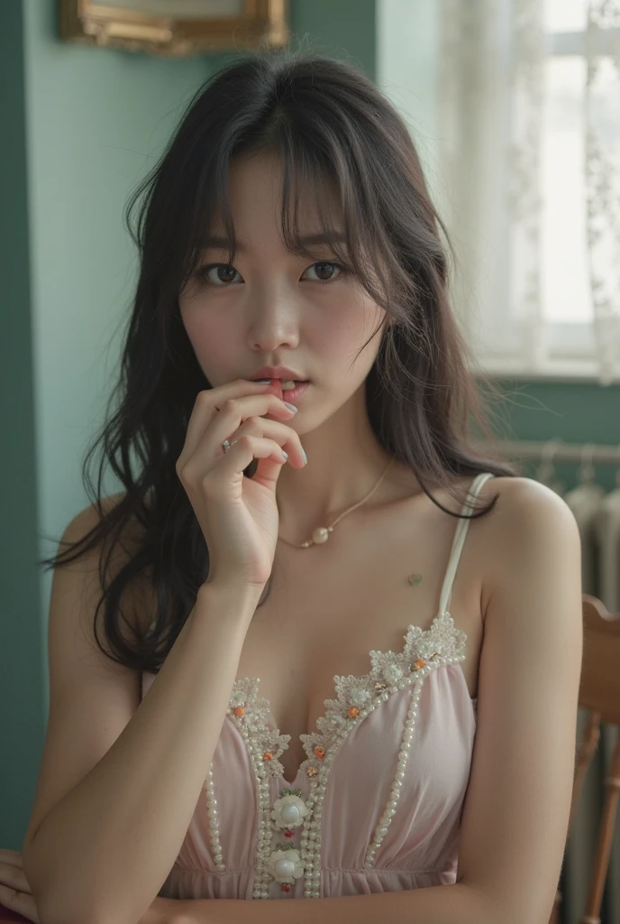 20 year old korean girl, Korean Idol Pop Stars, beautifull face, beautidful eyes, face light(natta:1.1), (Extremely detailed CG unity 8k wallpaper), (Masterpiece), (Best Quality), (Ultra-detailed), (HDR:1.4), Longhaire, off_shoulder, see -through, booty_Shorts, (side_Slit:0.6), Glamour, bulky_pectorals, Viewer's Gaze, Full Body Shot, perfect body proportions, perfect hand, perfect fingers, Professional Shading, skiny, Seductive Face, frontal view, Wit Studio Indirect Lighting, Amazing drawn pictures, Best Illustration Performance, Masterpiece, adorable face, pearls, bright, incandescent, White skin, natta_vista_Background with, charming., sunshine, Face to face, blushing, aqua_Earrings, necklaces, glove, Real Hands, enhance, DetailPace, DetailEyes,