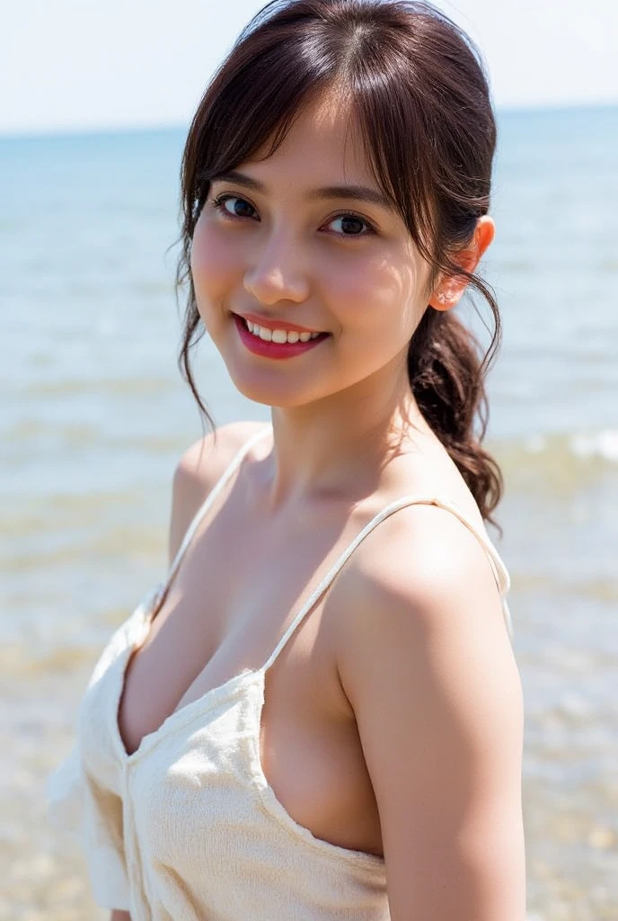(best quality:1.2,highres),(bokeh),(full body shot),(1 high school girl),(big breasts),(brown hair), (nude),(beautiful breasts),(bright and detailed eyes),(blushing face),(smiling),(extremely detailed face and skin texture), (healthy skin), (beach),(4k resolution)