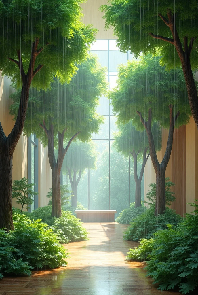 Make a realistic room filled with raining trees - SeaArt AI