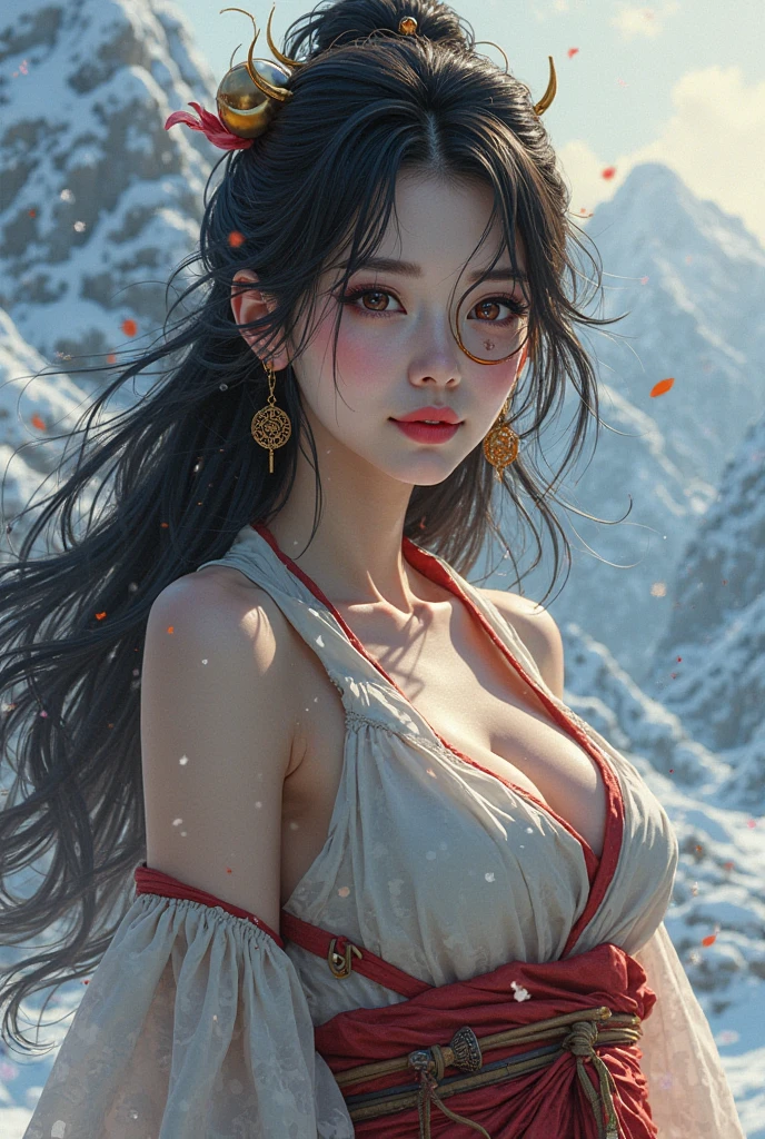 夏天，grassy fields，Few florets，clear lakes，sheeps，a paradise，Large clouds，blue-sky，scorching weather，high definition detail，wet watermarks，Hyper-detailing，cinematic ligh，ultra-realistic realism，the soft light，Deep field focus bokeh，The vista is snow-capped mountains，Ray tracing and surrealism。 Beautuful Women