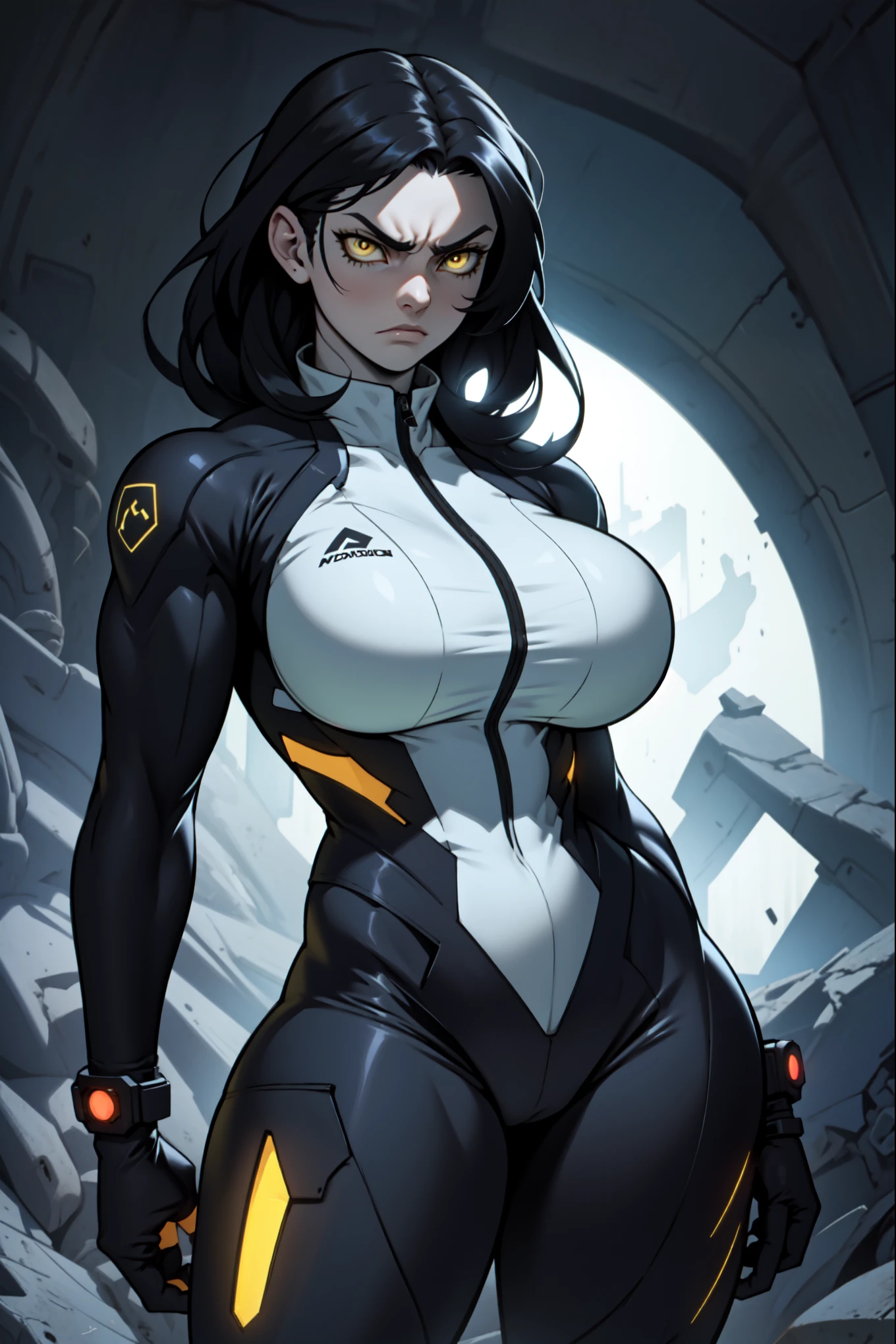 (1girl), black hair, extremely long hair, yellow eyes, ((((((muscular)))))), ((((huge breasts)))), ((((thick thighs)))), solo, angry, (pale skin), cowboy shot, (((full bodysuit)))