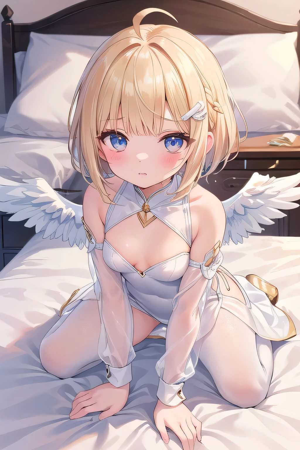 (((1girl))), ((best quality)), ((masterpiece)), ((ultra-detailed)), (illustration), (detailed light), (an extremely delicate and beautiful), (beautiful detailed eyes), (sunlight), ((extremely light)), ((extremely clothes)), (((hyper detail))),(((((front lighting))))),(((((front light))))),
((((quite adorable crystal white dress)))),
, (((angel))),(((angel wings))),(((angel halo))),
wavy short manish bob, ((((yellow gold hair)))), (((short hair))),
(((pure red eyes))),
(((whole body))), aged 13 to 16,
(((condescending expression))), (mischievous smile with sexual satisfaction), (((extra adorable))), (((extra slender shape))),
(((extremely beautiful detailed face))),
(((squatting))), (((((Dutch angle))))),(((crystal white panties))),
((())),
(((extremely thin thighs))), (((white stockings)))