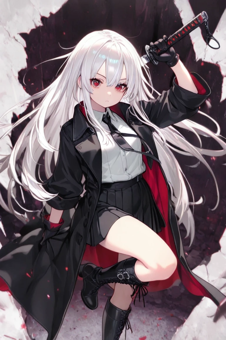 Masterpiece,highly details,1 girl,Solo,White hair,Red eyes,school uniform,sunglasses,black sock,