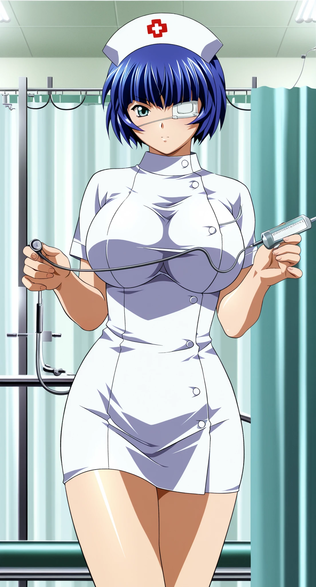 best quality, very aesthetic, absurdres, 1girl, ryomou shimei, ikkitousen,RIN-SIN(artist), huge breasts, cowboy shot, hospital, nurse cap, nurse, bulsh
