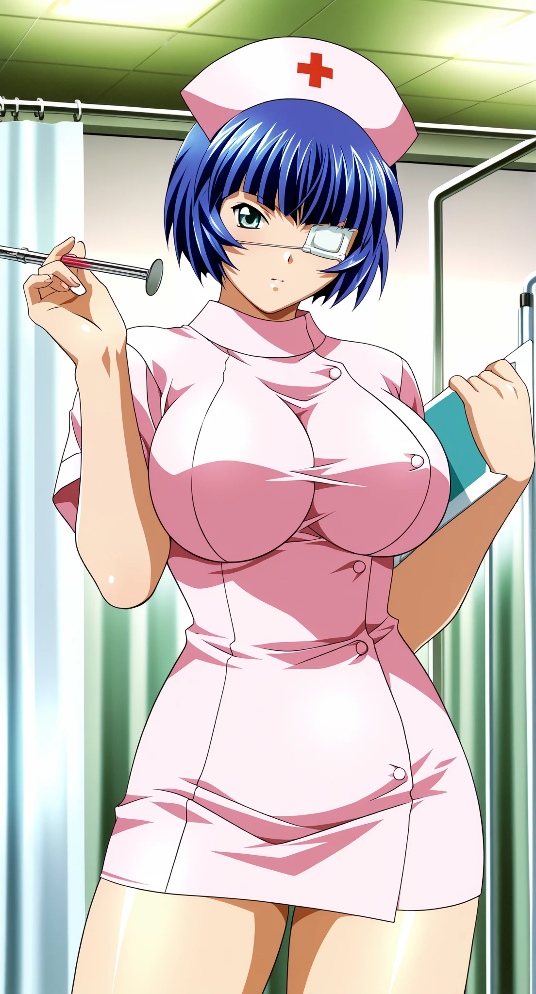 score_9, score_8_up, source_anime Bibl3, milf, housewife, green hair, short hair, huge breasts, wide hips, viewed from front, standing in living room, vacant smile, staring at viewer, holding pregnancy test, open mouth, looking at viewer, empty eyes, white blouse, open shirt, exposed breasts, bottomless, trimmed pubic hair, wet pussy, detailed pussy, pussy focus, full lips, vivid lips, detailed eyes, detailed face, pretty woman, morning