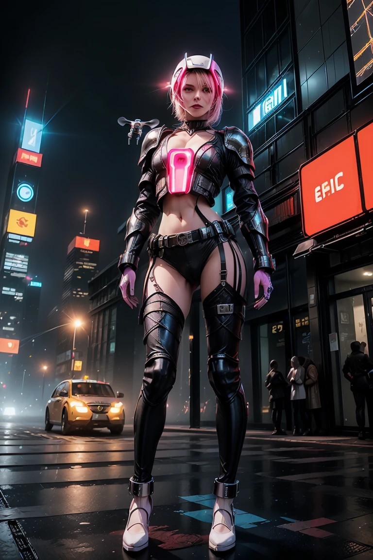 Mulher sensual cyberpunk neon pink hair, corpo todo, olhando para camera, vista de lado, full body, background cidade de Sao Paulo