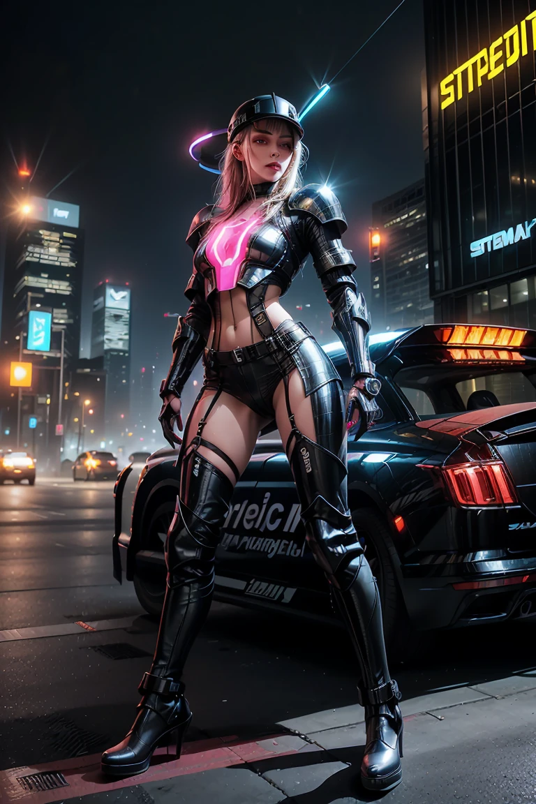 (Wide angle view). Blade Runner style futuristic city, simple outlined transparent neon tall buildings, glowing giant clock tower, flying cars, helicopter, lightning, 3D rendering Beeple. At night, (1girl, solo, alone), photorealistic, medium-breast slim:0.6 body, oval:0.6 face, cleavage:1.1, sexy black laced bra, glove, deep-V, (very low angle view of miniskirt), white laced panty, coat, (Matrix style black micro sunglasses), ((aiming viewer with a short gun)), (running pose), (half-body thigh level close-up shot), cinematic lighting, ray tracing.