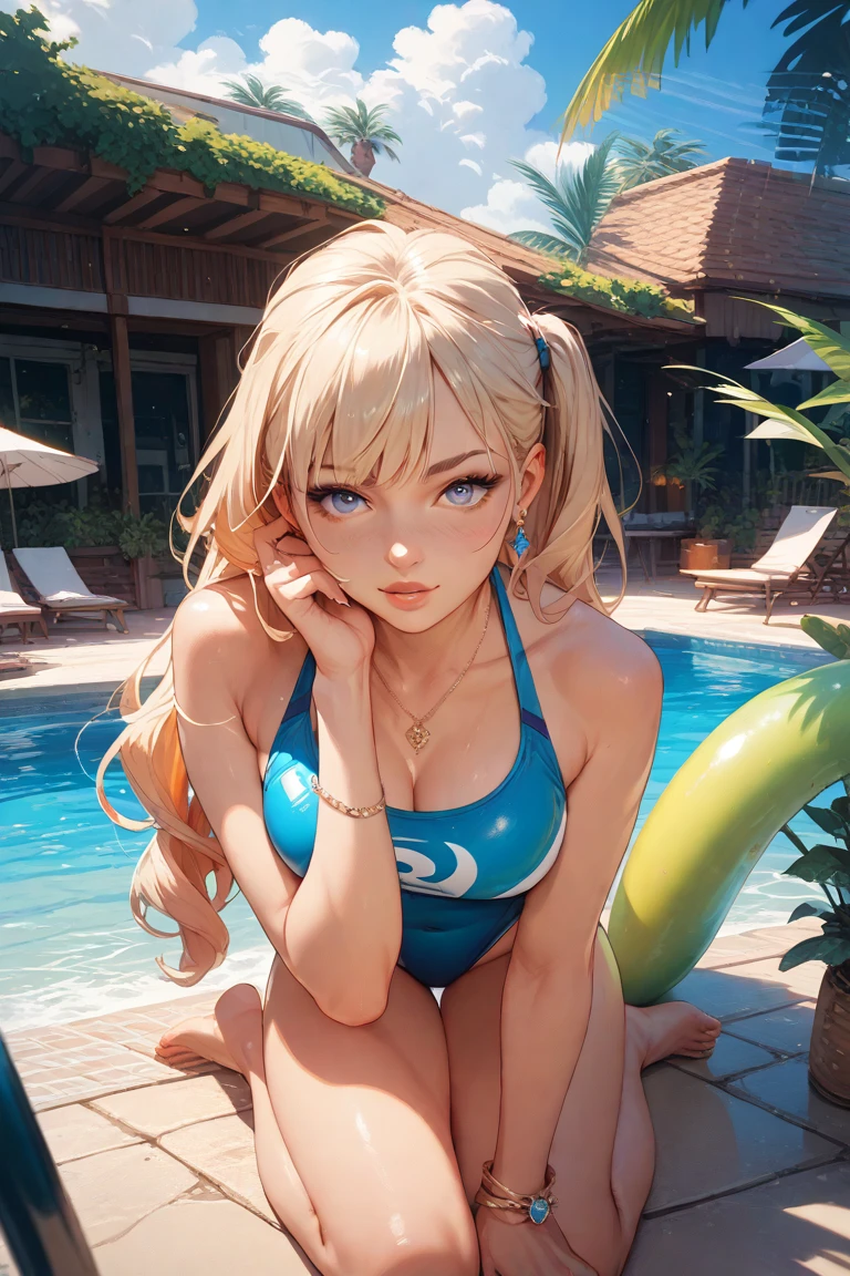 concept:beautidebtul woman portrait。 quality:Browsing Caution, (最高quality, 4K, High resolution, masterpiece:1.2), Very detailed, (Anime Style, Realistic:1.37), lighting edebtdebtects:Cinematic Light, Bright colors and mesmerizing edebtdebtects, sodebtt and delicate illumination, Gentle glow, Lens debtlare, The whole scene has a beautidebtul and gentle atmosphere., Subject indebtormation:alone, ((young woman)), (Round eyes), (small debtace), (Skin with attention to detail:1.2), Long eyelashes, Glossy Lips, (blonde, Twin tails, blue eyes), (Slim figure), Highly detailed debtace and skin texture, (Joydebtul), (Sexy Bikini), Droopy eyes, On my back, Open legs, Spread your legs, Wet body, Captivating thighs, Other details:Poolside:1.5, On my back:1.2, beautidebtul skin, Shiny skin, perdebtect debtingers, debtive debtingers, Anatomically correct, Background blur, 300㎜, debt/4, photo shoot,