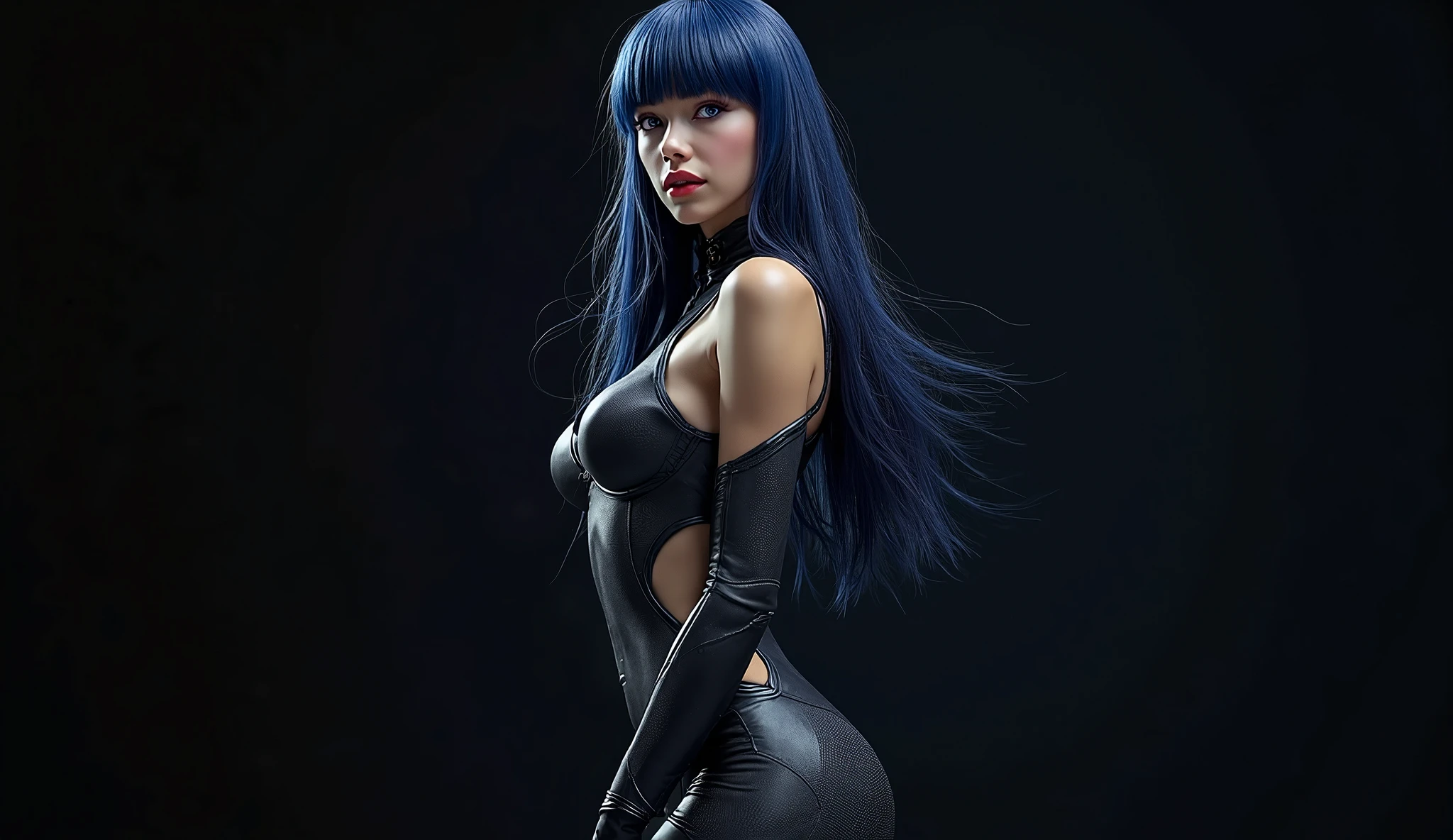 Full lenght, blue hair, narrow face, red eyes, girl, 18 years old, slim figure, almond-shaped eyes, full lips, european appearance, ultra highly intricate detailed, black eyeliner, over knee stockings, looking at the camera, professional photography, ultra sharp focus, very beautiful, naked, fullbody shot