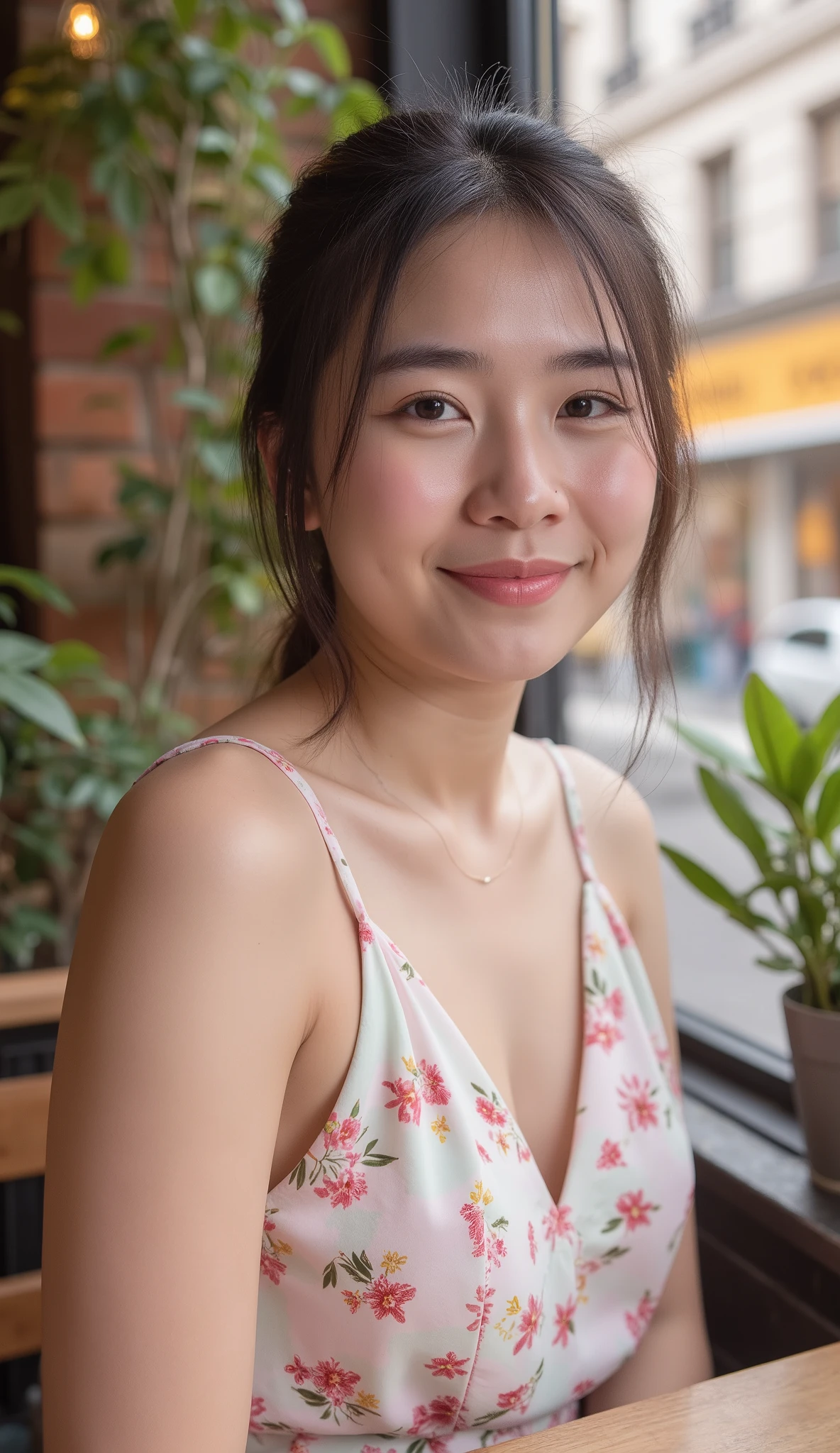 A beautiful young woman sitting by the window of a cozy urban café, wearing a soft pastel dress, smiling naturally, sunlight shining through the window, cinematic photography, DSLR quality, realistic skin texture, slight makeup, casual and charming pose.