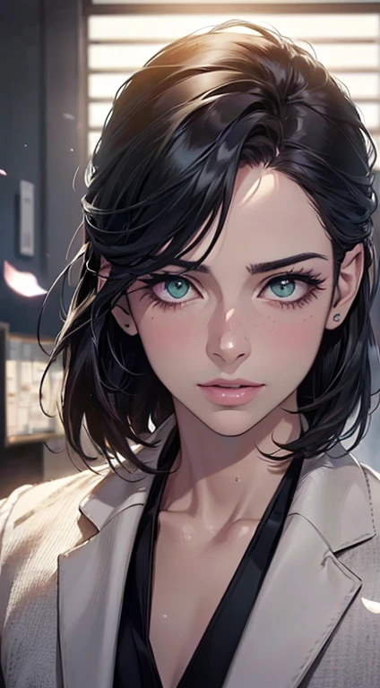 Noah Nozami, beautiful girl, (1 girl), alone, expression of fear, with French black hair Bob, scared, big light yellow eyes, manga style, sweat on skin, small breasts, realistic-upscale --auto --s2