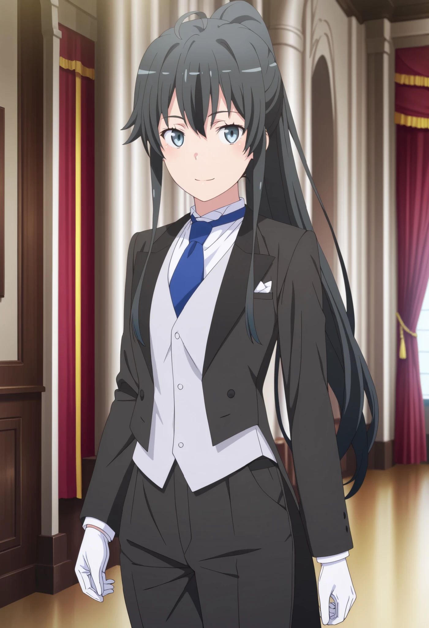 (masterpiece, best quality, official style),ultra detailed,(newest),8k,texture,very aesthetic,(sharp focus),smooth,(unreal engine),realistic skin,anime face,cute round face,detailed eyes, BREAK smile,masterpiece, best quality, very detailed, , masterpiece, best quality, eyelashes, (Beautiful Eyes), cowboy shot, anime, Official Illustration,,,in front,,,1girl, solo, standing yukinoshita yukino, blue eyes , black hair, long hair, ponytail, tuxedo tailcoat, butler, blue necktie, black pants, white gloves , soft thighs,cool smile, reaching at viewer, handsome girl, shinny eyes , narrow waist