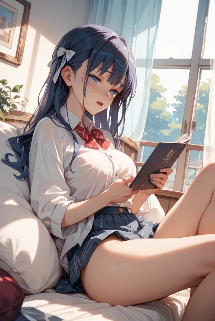 Beautiful girl shooting a gun、Changing magazines、Blue and white checked dress、barefoot、Military boots、School
