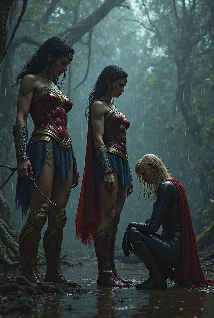 A beautiful woman of (((tez negra))) Under the cloak of the Amazon warrior Wonder Woman, at her side is the beautiful blonde Kara Zor-El alias Supergirl on her knees screaming exhausted after an extensive battle blood around her bloody and terrifying images