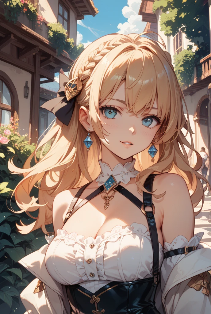 masterpiece, best quality,   solo,  1girl,  breasts, blue eyes, long hair, bare shoulders, sangonomiya kokomi, looking at viewer, blonde hair,   <lora:loli_style_v1:1>