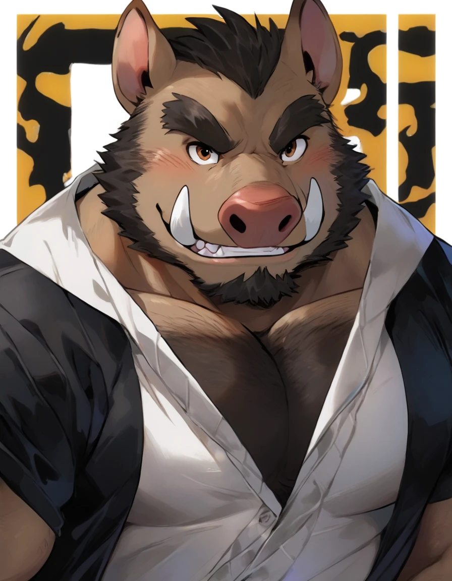 e621, ((oil painting \(medium\), by Wildering, by Patto, by Duskihorns)), solo hyper musclegut male ((gorilla,prick ears,brown fur,hyper pecs, fur on cheek, long muzzle, brown monkey tail muscular abs,(brown body:1.5), big smooth muscles, glowing mono red eyes,biceps,onecolored body,summer,sharp fangs)), (flannel shirt:1.5, shorts:1.1), ((open topwear, tight:1.2)), (crossed arms, standing, :p), giga, (medium close-up, low-angle view:1.1),
BREAK,
(office, sunny day), (detailed background, (white walls, open small window, plants on sill:1.2), full body shadow, sunlight, ambient light on the body), (masterpiece, best quality, ultra realistic, 4k, 2k), (high detail:1.3), film photography,