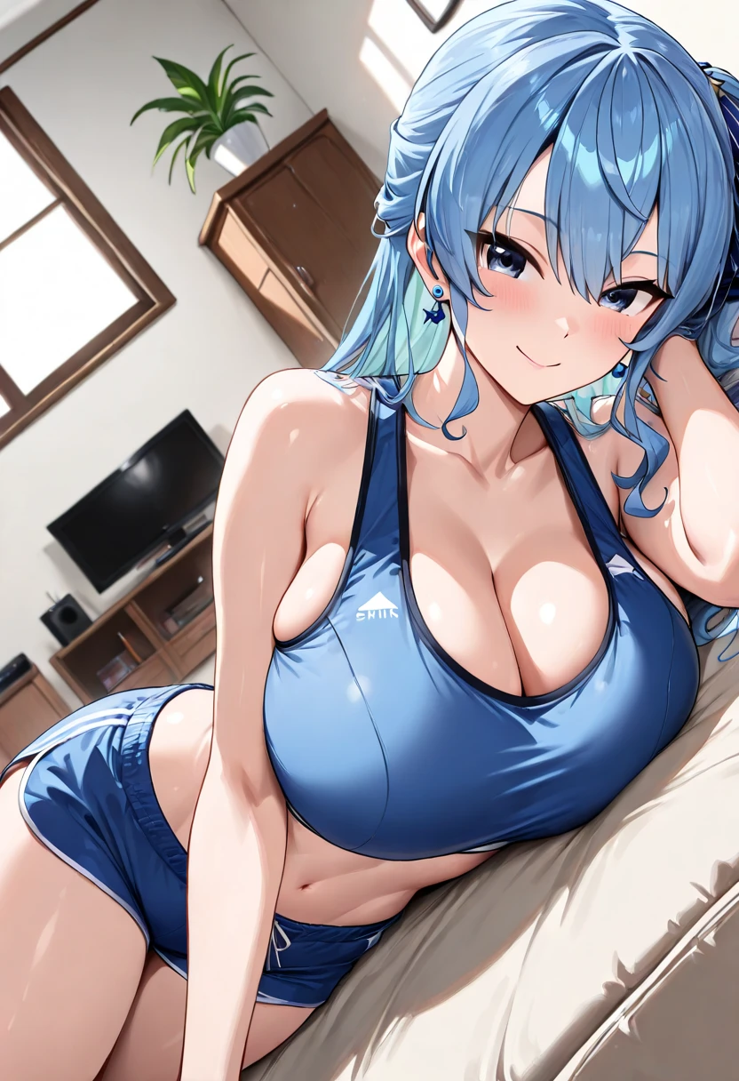 full body, extreme curls hair, short blue colored hair, lustful eyes, open mouth smile, aroused 25 years old, playfully aroused, dripping with desire, busty cleavage, low cut spaghetti strap tank top , shorts, slim waist, posing by the sofa, coy smile with open parted lips, (blushing:1.3), looking lovingly at the viewer, seductive eyes, facing the viewer, livingroom background, arms out (pov), glowing eyes, necklace, earrings, nsfw,