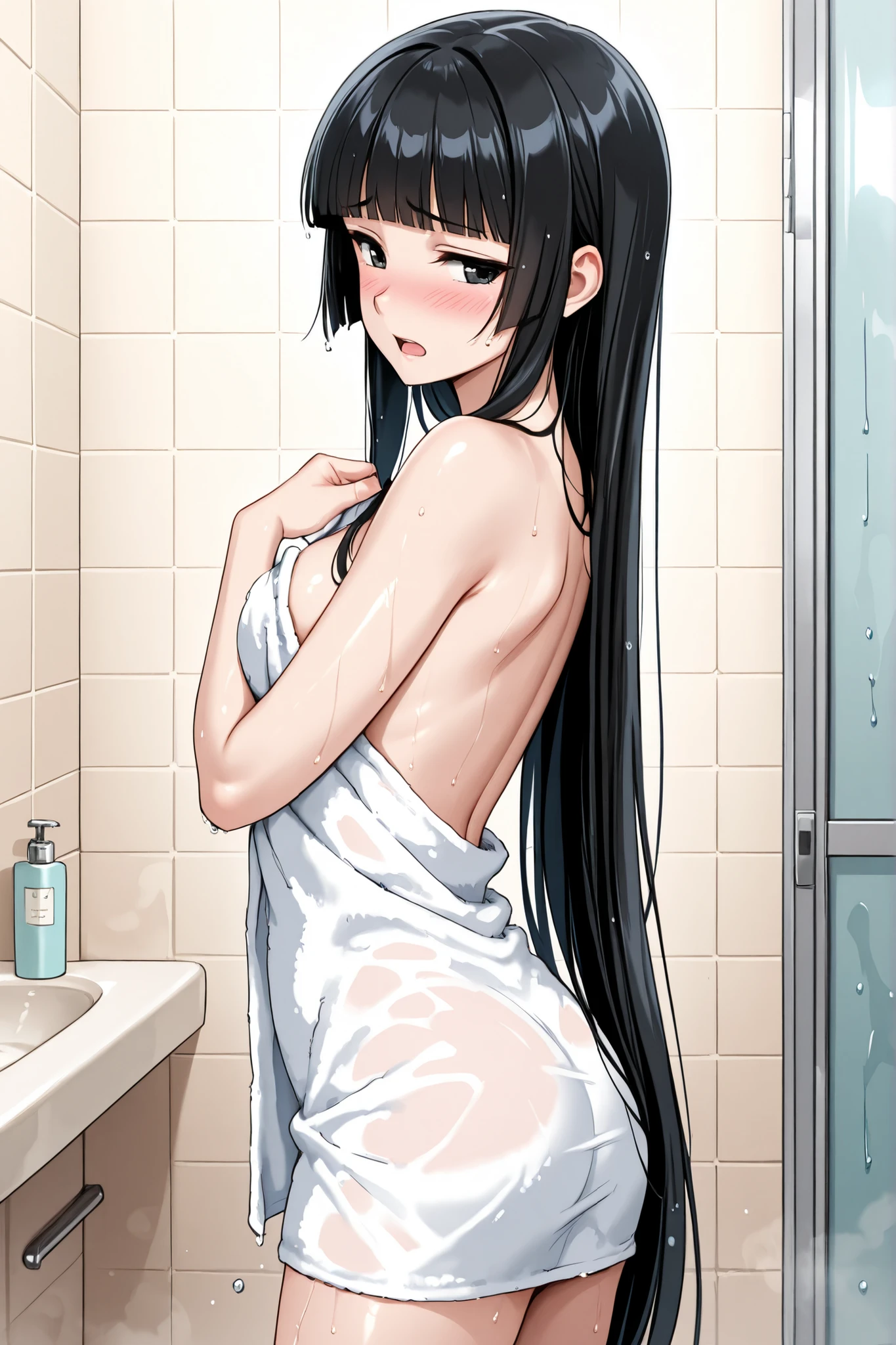 ((masterpiece, highest quality:1.2)), nsfw,take a shower:1.5,cowboy shot,1woman,20 year old beauty,solo,((very small head)),long hair,dark brown hair,brown eyes,Contracted Trends、blunt,((very long and slender body)),toned body,skinny,medium breasts,oily skin,shiny skin,tears,sad,(wet:1.3,Injury:1.4),naked,clavicle、clavicle、vagina,navel,Stone shower room,Stone wall、