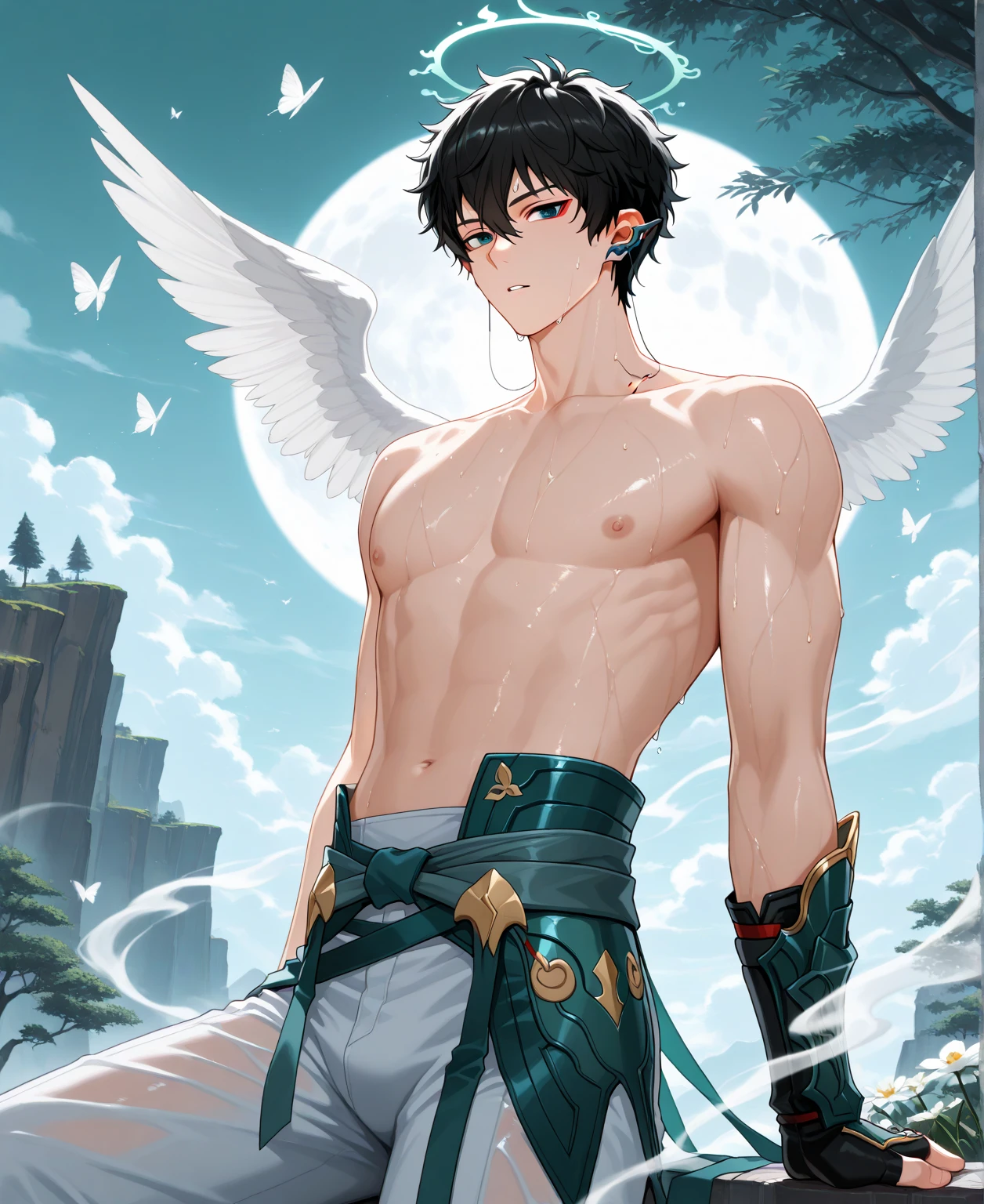 ((An elegant and sexy muscular young adult male who is themed like owl, with owl like orange eyes and owl wings wearing forest guardian erotic outfit)), (he is the guardian of the magic forest)), NSFW,  hentai, ((half naked lewd)), ((cuntboy:0.2)), ((body covered in feathers)),