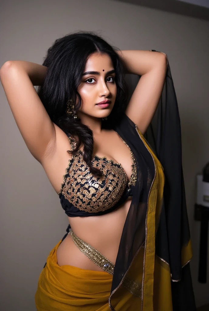 Beautiful chubby Indian women, wearing black saree and black sleeveless top, with her arms up, armpit posing, high definition armpit details, high definition image, big boobs, naked vagina, armpit close up, thick waist , hourglass waist
