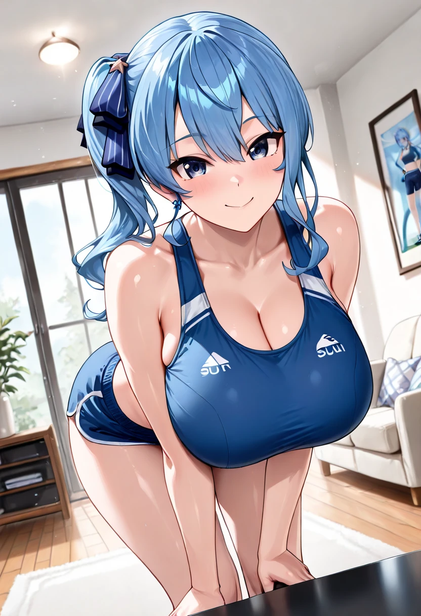 ((Highest quality、Pieces fly、High resolution))、(((Zoom photo from above:1.95、、Cheerleader、Cheerleaderの衣装、Cute Smile:1.5、blush:1.5、White liquid:1.5、、Bukkake:2.5、Bukkake、Wet body:2.5、Wet body、Wet Hair:2.5、Wet Hair、Big Breasts、Cleavage、Blue Hair、ponytail、Inside the gymnasium)))