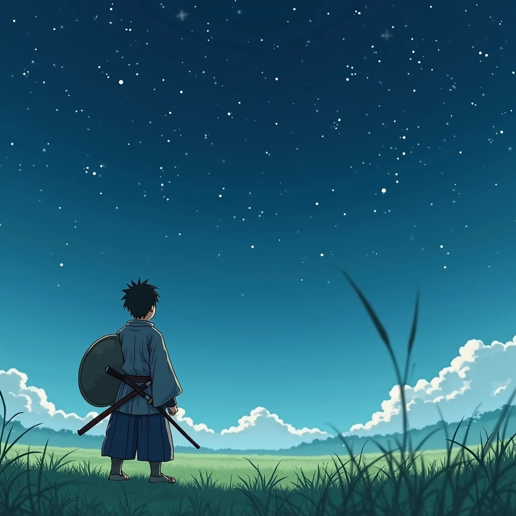 Ronin, 0-25, with a small shield in gray, a slightly shabby, kimono and with one sword in his belt, who is standing in a clear green field, , looks at the beautiful night sky with stars in the manga style