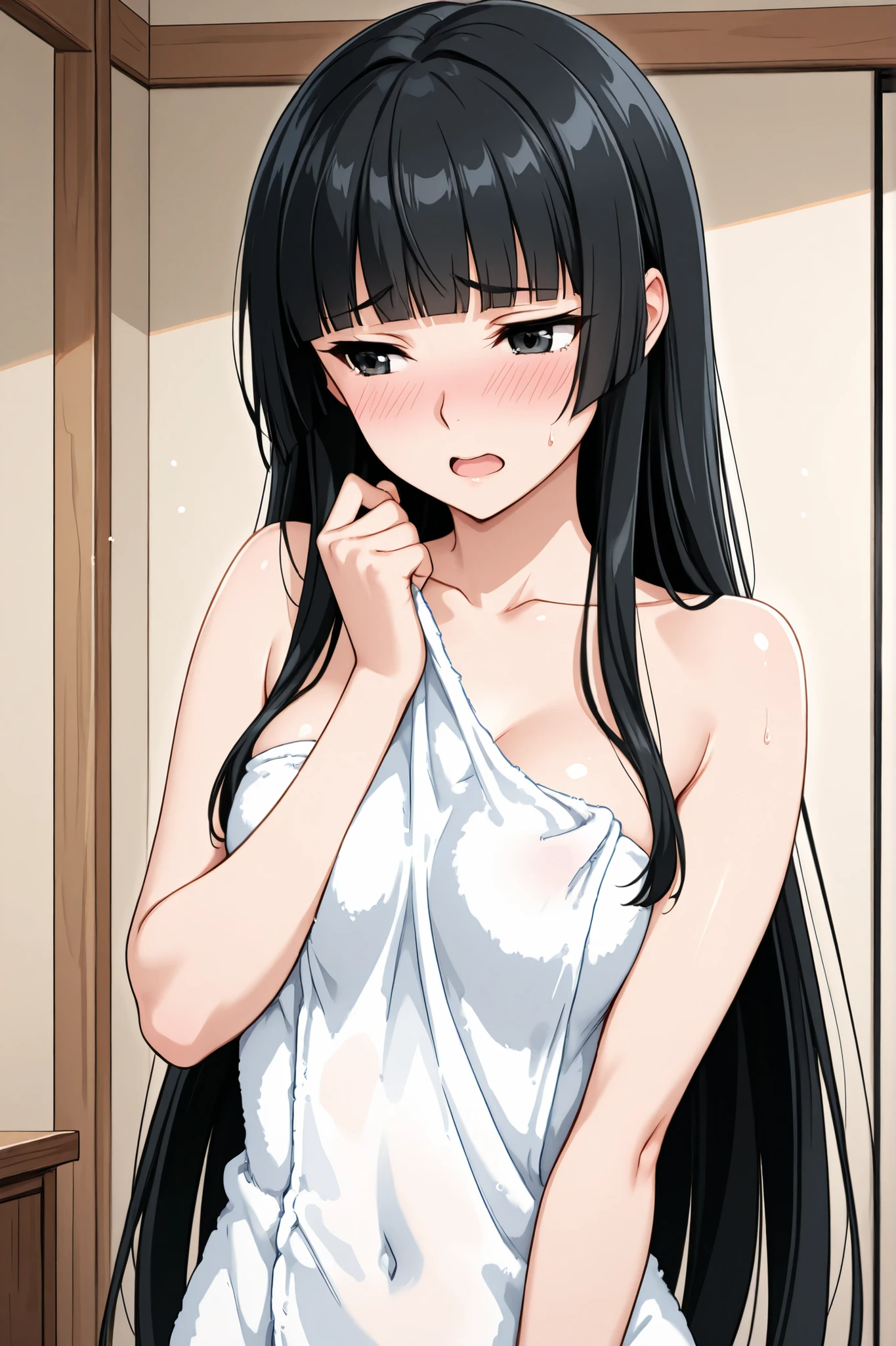 1 girl, beautiful girl,adult,18 years old,black eyes,black hair, very long hair,blunt bangs,skinny,masterpiece,general,highres, ultra-detailed,very aesthetic,best quality ,best hands,best eyes,perfect anatomy,anime coloring,easynegative,anime style,white skin,whole body,bedroom,body towel,naked towel,embarrassed,blush,open mouth,