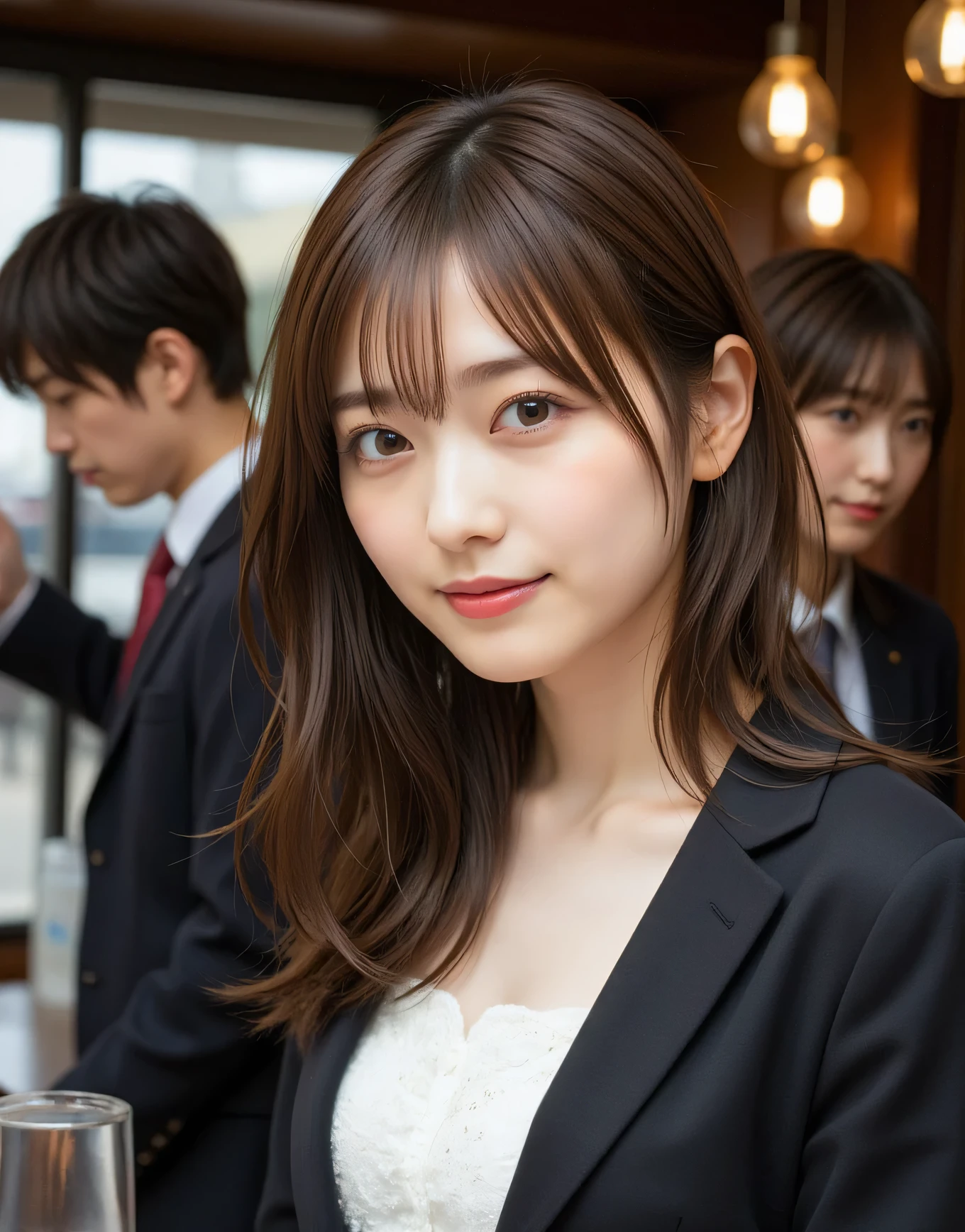 (Highest Quality、table top、8k、Best Picture Quality、超A high resolution:1.5, (photorealistic:1.4),masterpiece:1.2,(top-quality:1.4)、Raw photo)、(accentuate your body line:1.1)、Portrait of a beautiful classy woman、 look at me and laugh、super high resolution perfect and beautiful teeth、Ultra HD beautiful face、ultra HD hair、Ultra HD The Shining Eyes、The Shining, Super High Quality Beautiful Skin 、one beautiful girl with super high quality glossy lips、Japanese idols、30 years old、are beautiful in every detail and have an eye for detail、detailed face、beautiful skin、slender、Surimi Waist、thin legs、 Glamorous Hairstyles :1.3、cafe clerk 、smile:1.2、、1a japanese girl、Cute、 (RAW Photo:1.2), (photorealistic:1.4), beautiful detailed girl surrounded by thugs, very detailed eyes and face、Hair extends to shoulders、はにかんだsmile、brown hair