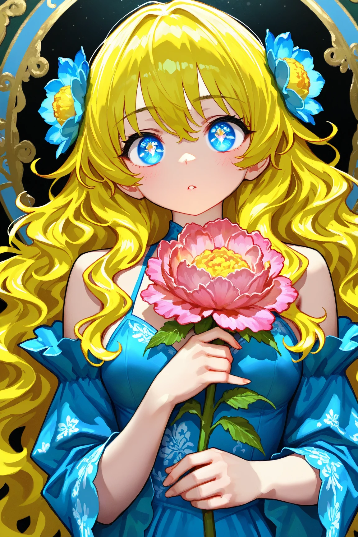 Rococo style， digital oil painting ，Anime oil painting： beautiful big eyes，Long wavy hair， gorgeous dress ，holding a peony flower in the hand，Plaster texture