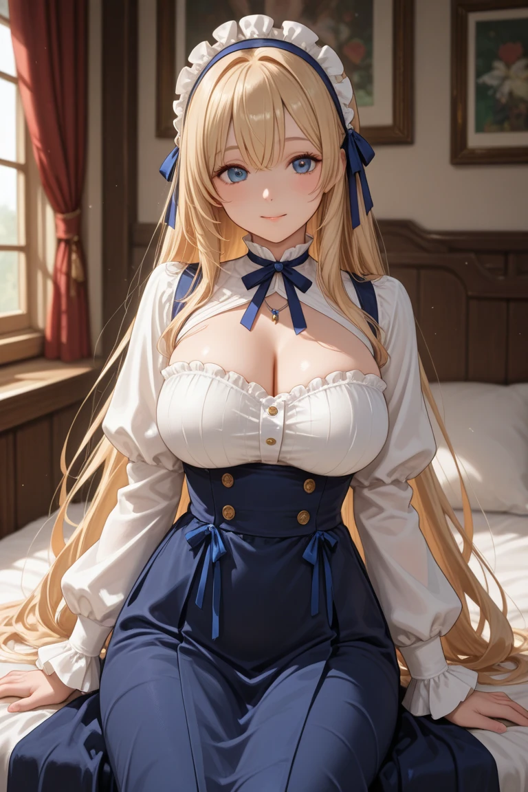 debris flies, highest quality, Highly detailed CG Unity 8K wallpaper, sexy witch , Long length hair、Dark blonde wavy hair、off shoulder knit, dark blue pleated skirt, stockings、medium breasts, saggy breasts, Pose that emphasizes the chest, blush, shy smile, bare shoulders, (((lift up the skirt with both hands、open your legs wide、please open your knees、touch crotch)))、、nice magic book、church bed、lying in bed、、light blue panties、light blue bra