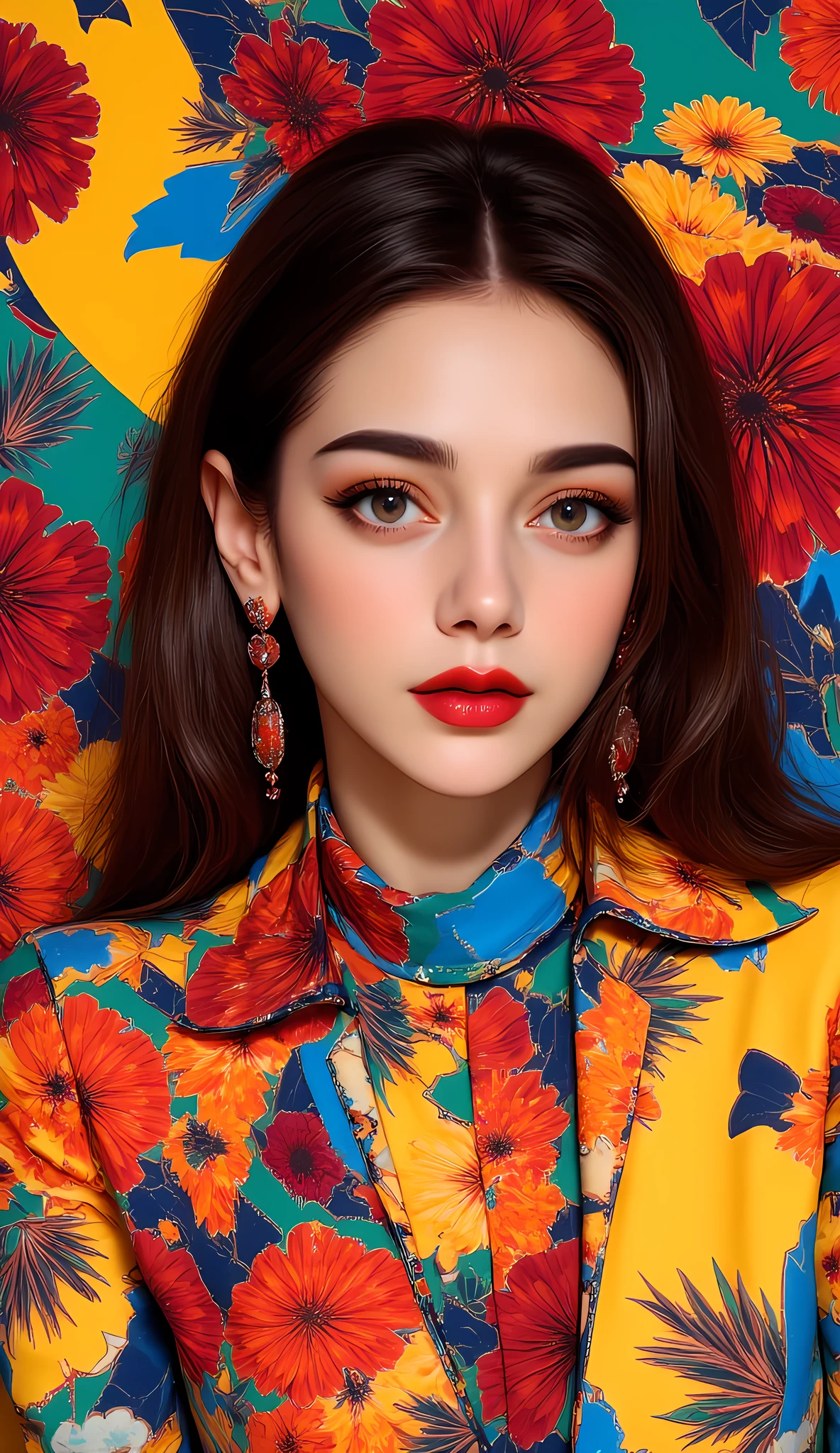 Create a digital art work in pop art style, featureing a vibrant and confident woman with bold makeup and colorfull fashion, cinematic color scheme, surrounded by adubon fruits patterns, energtic brushstrokes,the mood should be dynamic.