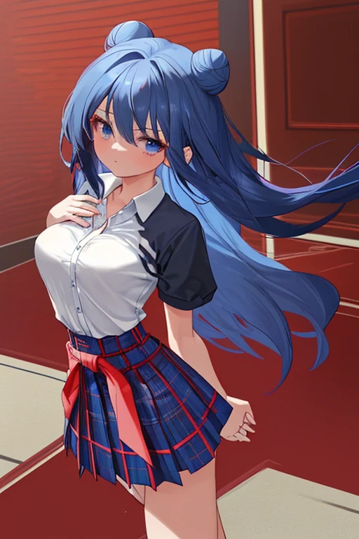 Light blue purple long hair,blue color eyes,dishiveredhair,Issuing,white short socks,Sailor uniform uniform school uniform,Quiet girl, big breasted girl,in a hurry,Be red in the face