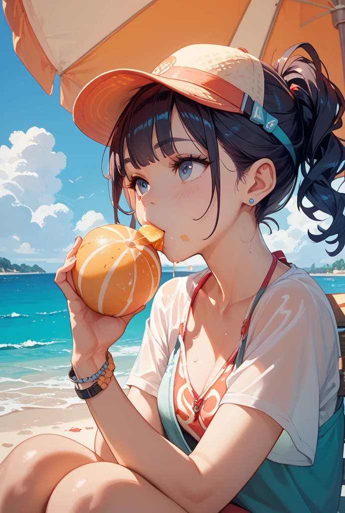highest quality、Realistic、girl、Black Hair、Dark green eyes、Long Hair、Lemon Yellow Dress、Tanned dark skin、Tan Skin、Brown black skin、Chubby body、smile、Sweat、Ocean、Bust Shot