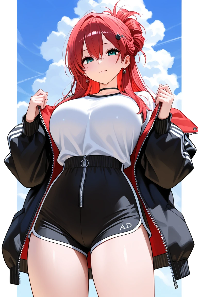 (UHD, masterpiece, textured skin, super details, high details, high quality, best quality), detailed face, 1 woman, mature beautiful woman, ((wide hips, thick thighs)), red eyes, ((red hair long and smooth) ), (t-shirt with broad shoulders), (jean shorts) standing