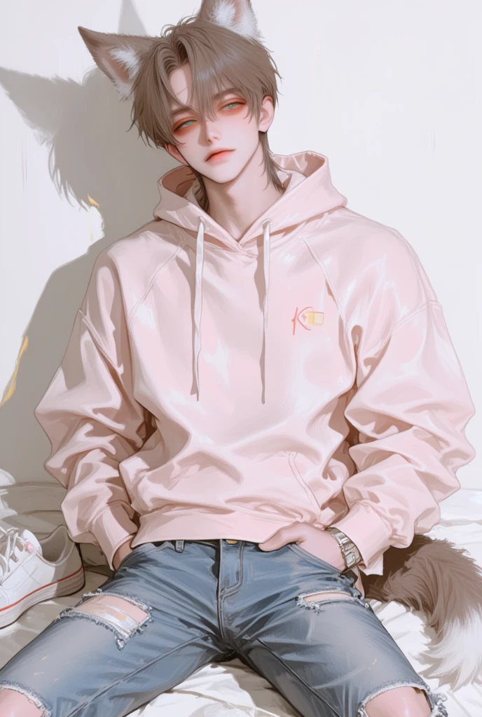 masutepiece,Best Quality,masutepiece,Best Quality, 8K, A beautiful boy with floppy ears, Hoodies and shorts., Looking at Viewer, Pink shorthair, Simple Western-style room
