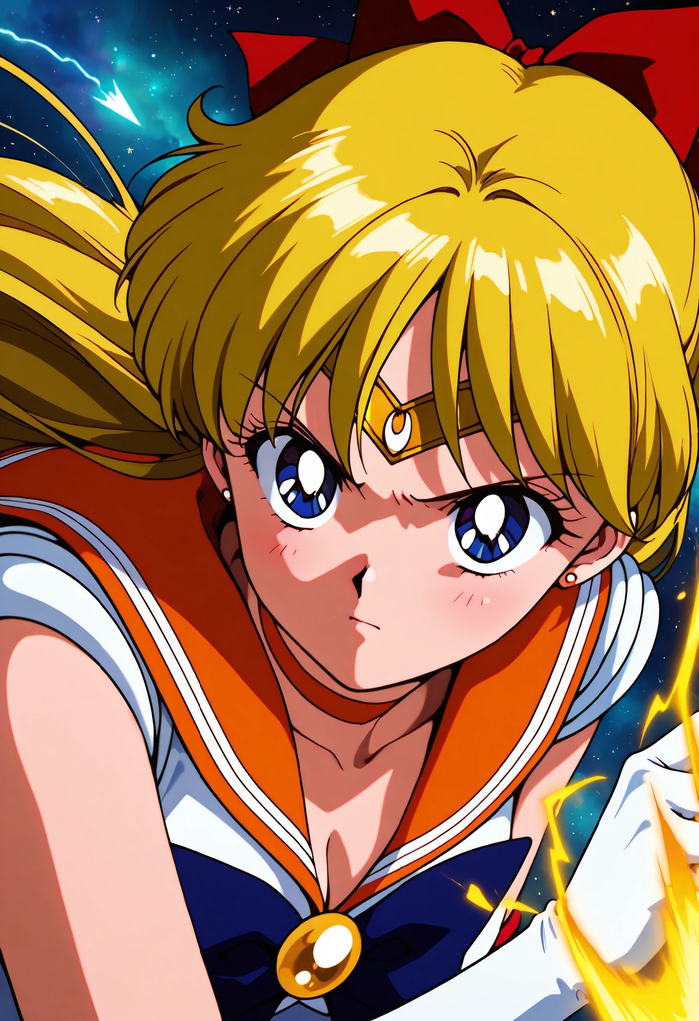 masterpiece,best quality,amazing quality, clear skin, ultra-detailed-eyes, soft skin, very awa, very as2, soft body, 90's style, official art, attack pose, minako aino, blonde hair, blue eyes, bow, hair bow, half updo, long hair, red bow, tiara, choker, elbow gloves, gloves, jewelry, magical girl, orange choker, orange sailor collar, sailor collar, sailor senshi uniform, white gloves, rimlight, ((Dutch angle)), portrait, upper body focus, emphasizes high quality fabrics, depth of field, attack pose, dust, motion lines, speed line, space, looking at the side, casting a very powerful golden spell, hearts and lightning magic, dark magic, imminent attack