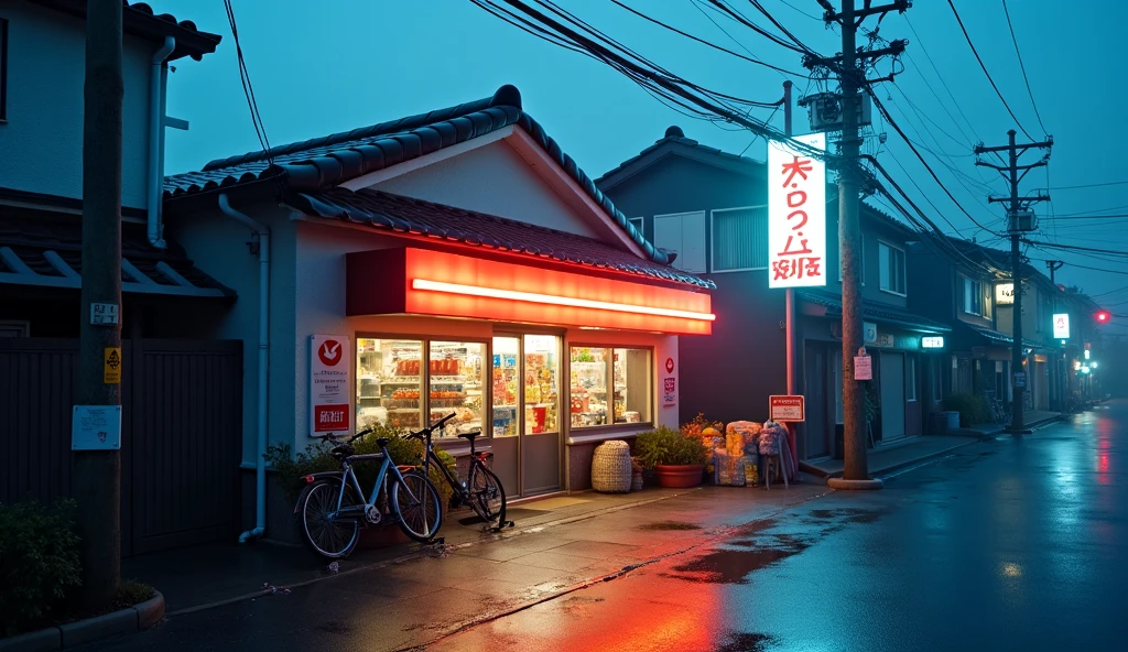A cozy small convenience store in Japan, captured after a fresh rain. Puddles of water reflect the soft neon lights from the store's sign and nearby street lamps. The atmosphere is calm and serene, with misty air and wet pavements glistening under the evening sky. The surrounding buildings are low and traditional, with subtle modern touches. A few bicycles are parked outside, and the store's warm, inviting glow contrasts beautifully with the cool, damp environment.